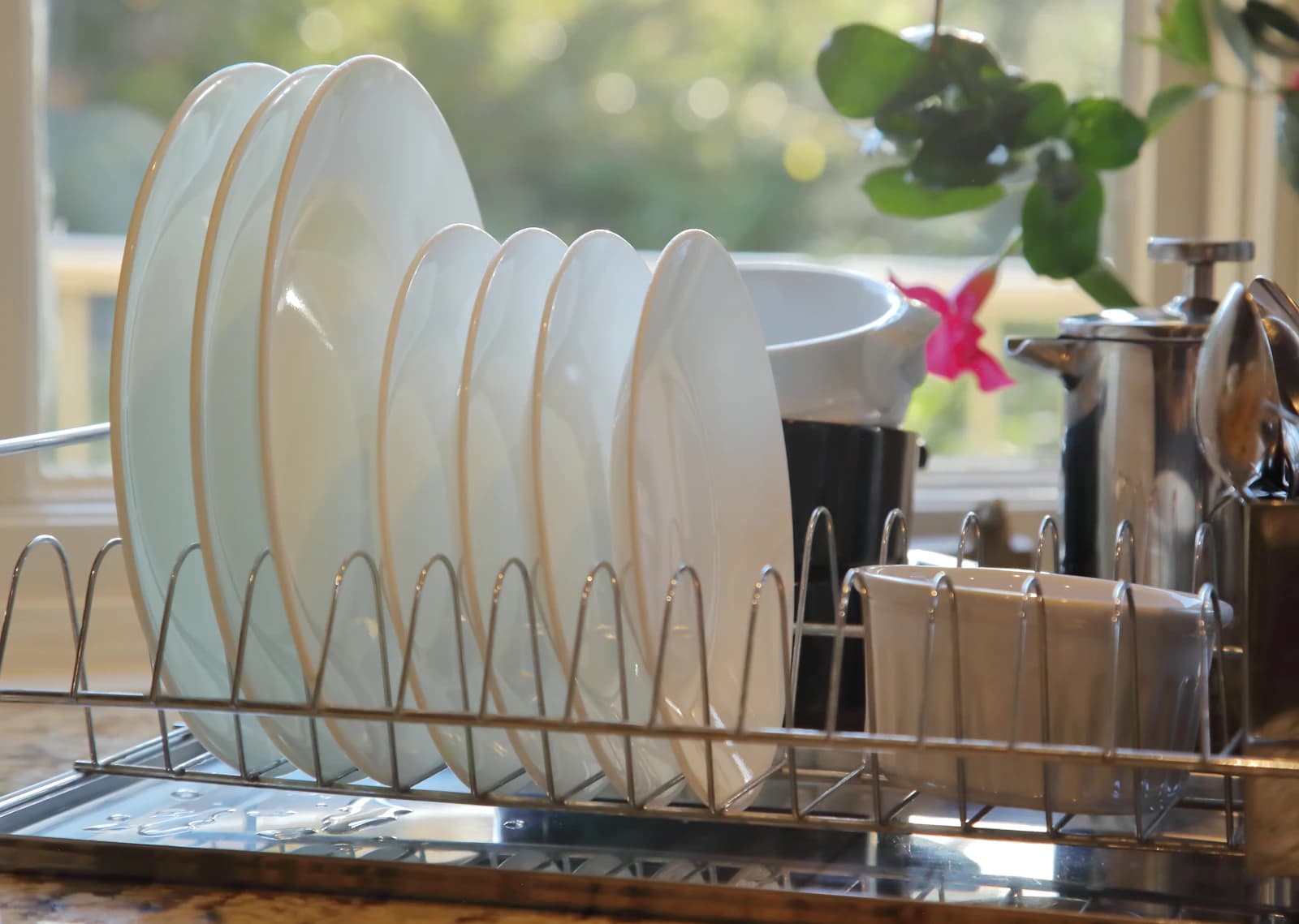 Bright kitchen counter with cleaning supplies ready