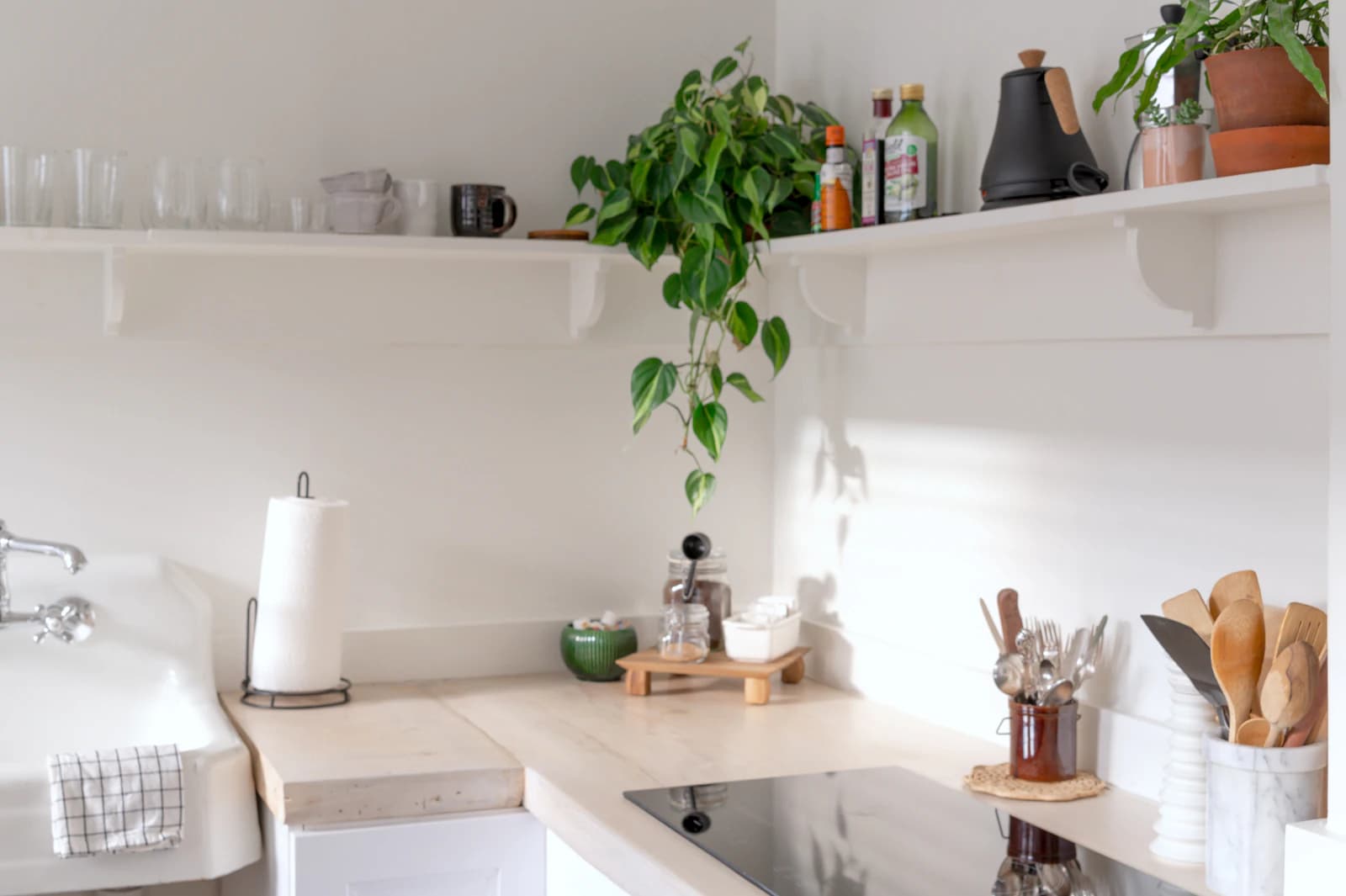 Cleaning supplies ready on a bright kitchen counter